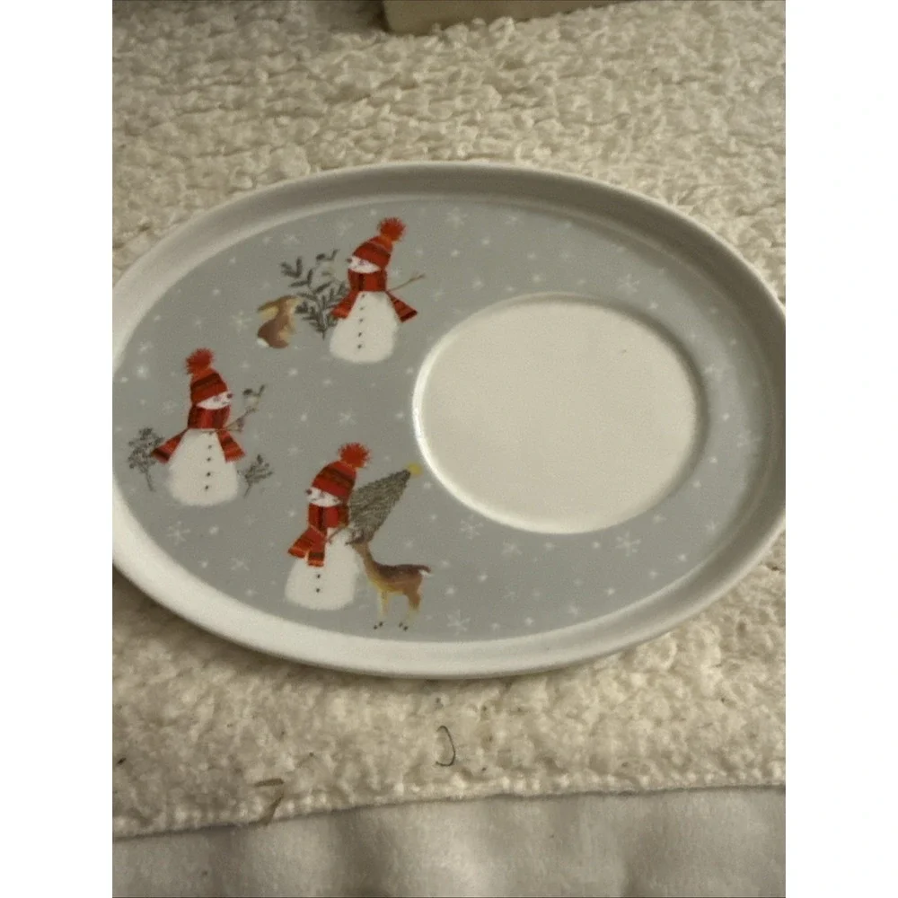 Grace Teaware Fine Porcelain  Snack Plate and Cup Set Snowman Grey Background